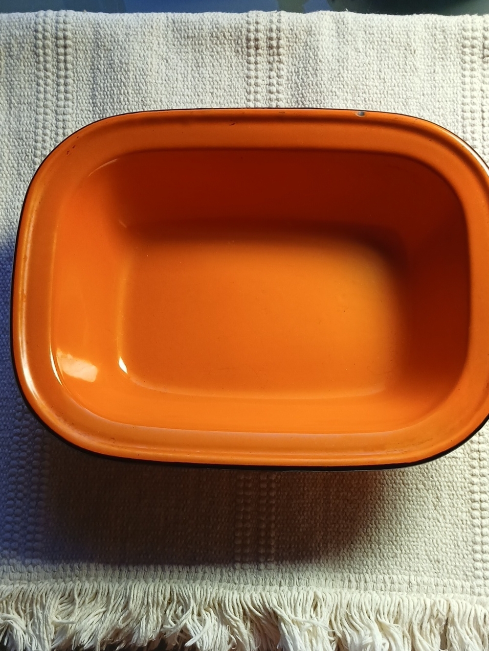 Vintage Bright Orange Enamel Baking Dish with Black Rim